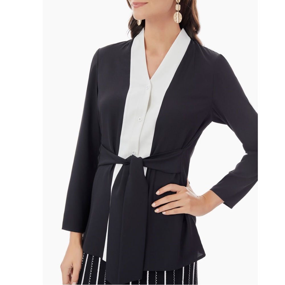 Misook tunic contrast inset tie-waist crepe de chine women Size Medium